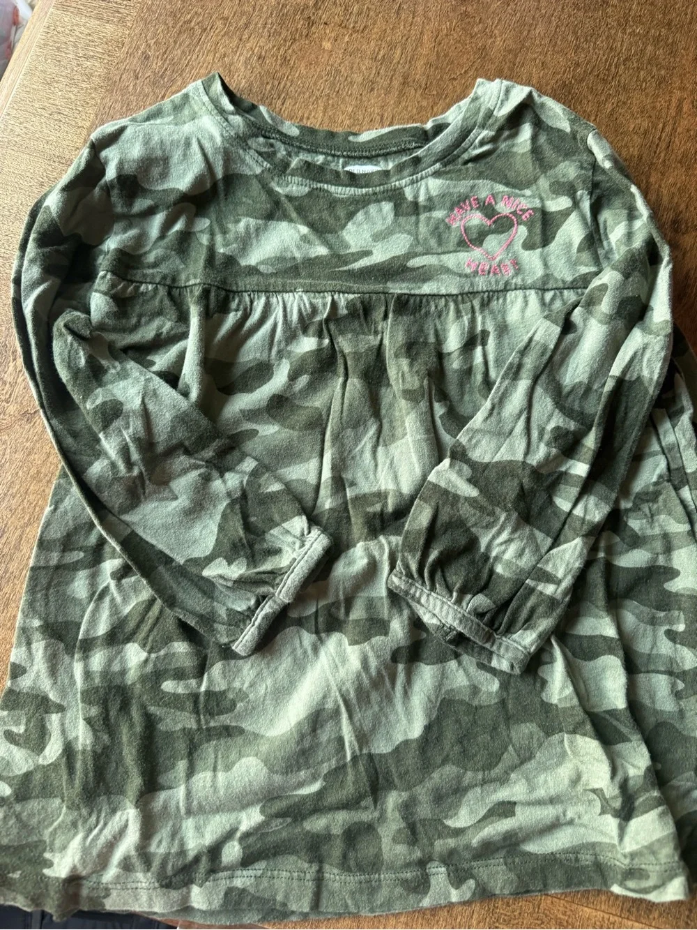 Old Navy Green Camo Long-Sleeve Top with Pink Heart Accent